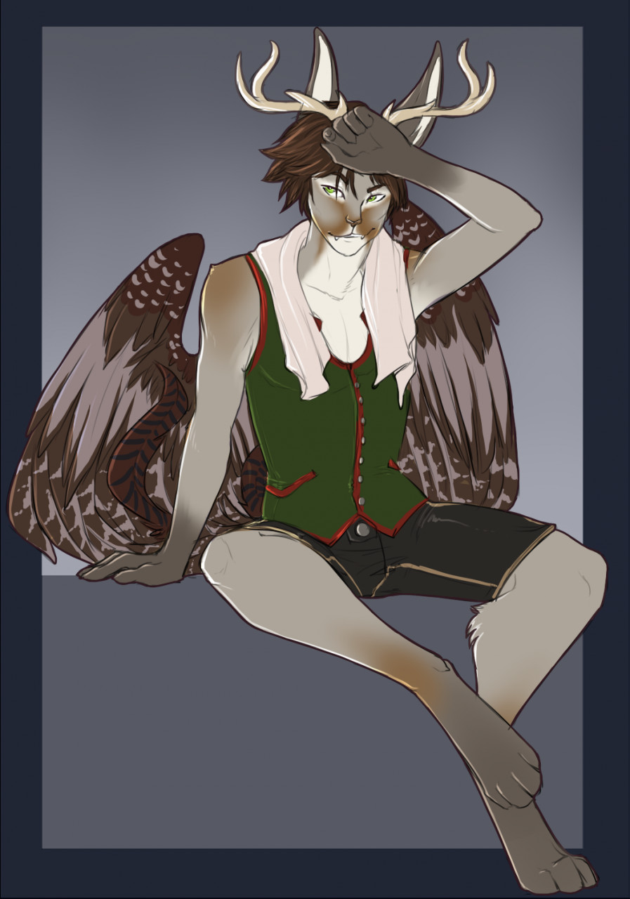 2020 4_toes 5_fingers anthro antlers archery_(artist) brown_hair digital_media_(artwork) feathered_wings feathers fingers green_eyes hair hi_res horn male solo toes wings