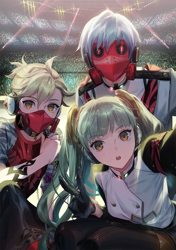 1girl 2boys :o agitation_(module) arm_tattoo armband audience bad_boy_(module) bangs black_footwear black_gloves black_pants blonde_hair blue_hair boots breasts collar covered_face covered_mouth crowd general_(module) glint gloves glowing glowing_eyes green_hair hair_ornament hatsune_miku headphones indoors kagamine_len kaito long_hair long_sleeves looking_at_viewer mask mouth_mask multiple_boys naoko_(naonocoto) outstretched_arm pants pointing pointing_at_self project_diva_(series) reaching_out red_eyes self_shot shirt short_sleeves small_breasts squatting stage stage_lights taking_picture tattoo thigh_boots thighhighs thighhighs_under_boots thumbs_up twintails unhappy_refrain_(vocaloid) very_long_hair vocaloid white_shirt yellow_eyes