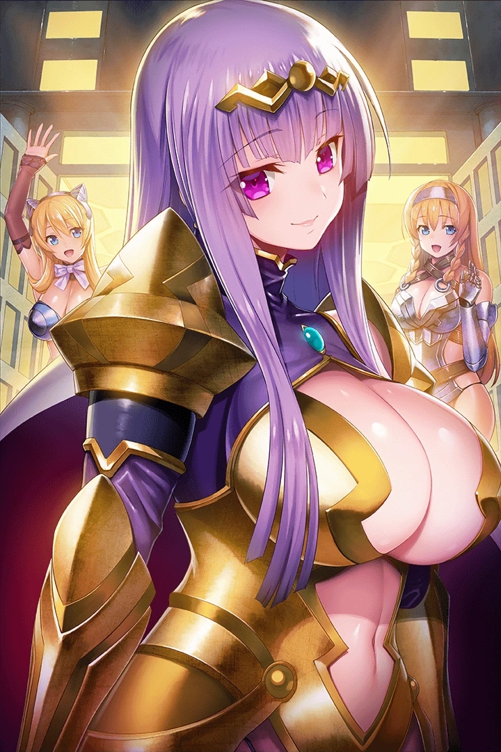 3girls armor bangs belt bikini_armor black_panties blonde_hair blue_eyes blunt_ends boots bow bowtie braid breastplate breasts cape center_opening circlet claudette_(queen's_blade) cleavage_cutout closed_mouth clothing_cutout curvy elina eyebrows_visible_through_hair gauntlets gem gloves gold_armor greaves hair_ornament hairband halterneck hand_up headband headgear large_breasts leina loincloth long_hair looking_at_viewer multiple_girls navel navel_cutout night official_art open_mouth outdoors outline panties pink_lips purple_eyes purple_hair queen's_blade queen's_blade_unlimited queen's_blade_white_triangle red_cape revealing_clothes shoulder_armor siblings side_braids sidelocks sisters smile spaulders standing straight_hair turtleneck underwear waving white_neckwear