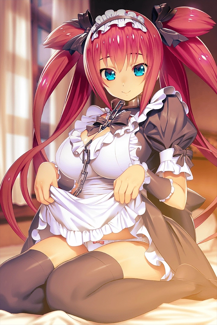 1girl airi_(queen's_blade) apron bangs bed between_breasts black_bow black_dress black_footwear black_legwear black_ribbon blue_eyes blush bow bow_panties breasts chain closed_mouth dress dress_lift hair_bow indoors leash long_hair looking_at_viewer maid maid_apron maid_headdress mary_janes medium_breasts official_art on_bed panties presenting puffy_short_sleeves puffy_sleeves queen's_blade queen's_blade_unlimited queen's_blade_white_triangle red_hair ribbon seiza shoes short_sleeves sitting solo thighhighs twintails underwear very_long_hair white_panties window wrist_cuffs