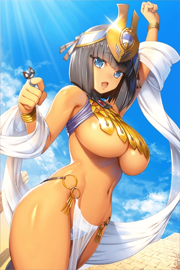 1girl arm_up armpits bangs black_hair blue_eyes blue_sky blunt_bangs bracelet breasts clenched_hand curvy day egyptian_clothes eyebrows_visible_through_hair glint groin headgear jewelry large_breasts looking_at_viewer medium_hair menace navel official_art open_mouth outdoors panties pelvic_curtain queen's_blade queen's_blade_unlimited queen's_blade_white_triangle revealing_clothes ring setra shawl sky solo striped striped_panties tan underboob underwear