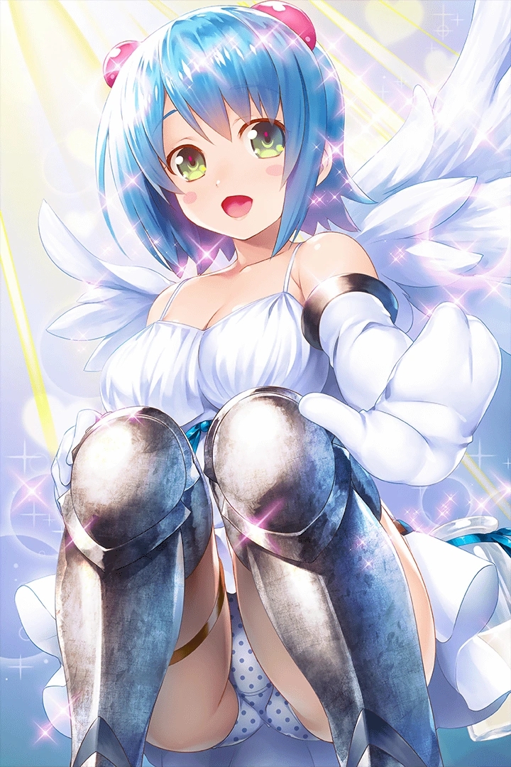 1girl angel_wings armor asymmetrical_wings blue_hair blush bottle breasts cameltoe chemise cleavage collarbone crotch_seam elbow_gloves glint gloves greaves green_eyes hair_bobbles hair_ornament hand_up large_breasts looking_at_viewer nanael official_art open_mouth panties polka_dot polka_dot_panties queen's_blade queen's_blade_unlimited queen's_blade_white_triangle short_hair simple_background solo squatting thigh_strap thighs underwear white_gloves white_wings wings