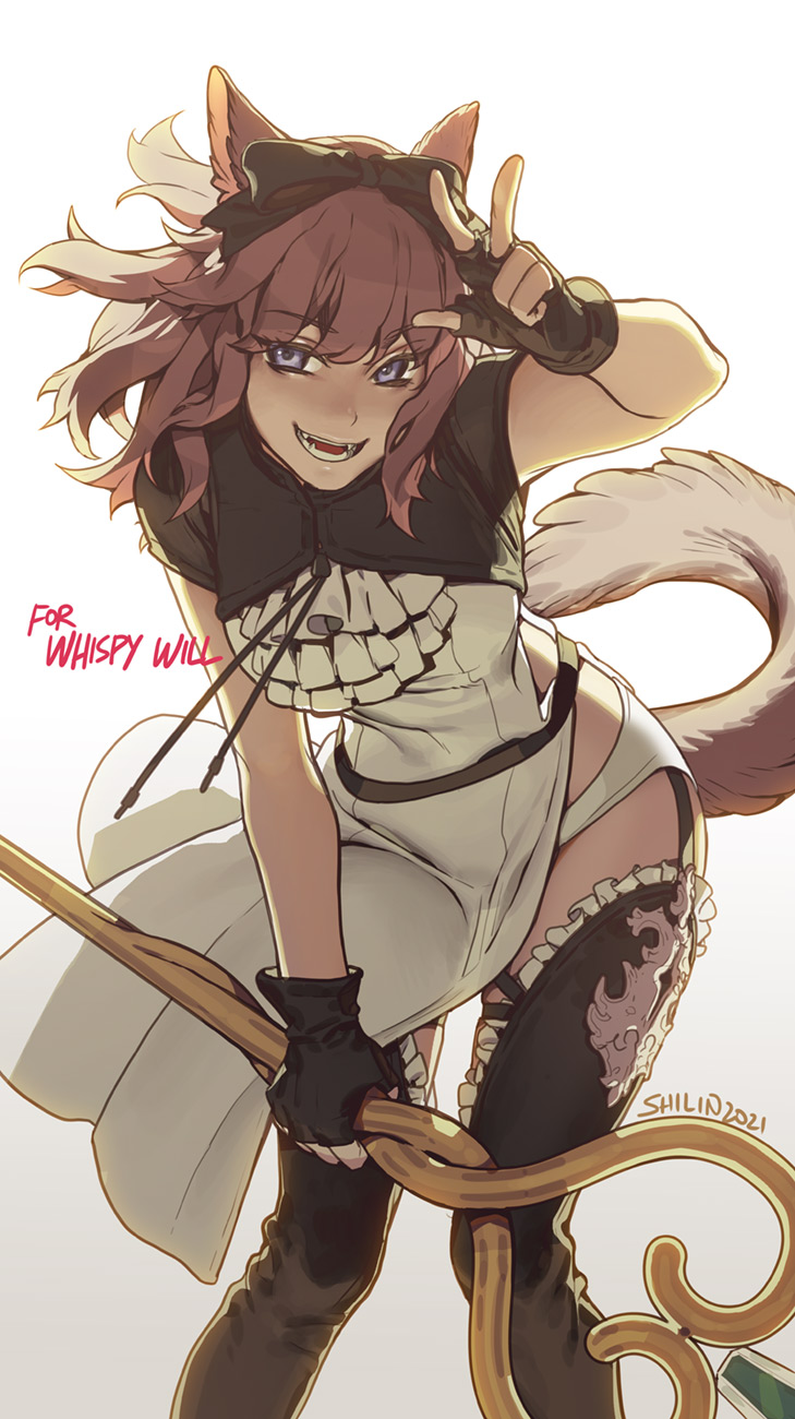 1girl 2021 animal_ears arm_up artist_name avatar_(ffxiv) bent_over bow brown_hair cat_ears cat_girl cat_tail commentary dated english_commentary eyebrows_visible_through_hair fangs feet_out_of_frame final_fantasy final_fantasy_xiv fingerless_gloves gloves grey_background highres holding holding_staff looking_at_viewer miqo'te open_mouth purple_eyes shilin simple_background solo staff tail teeth thighhighs tongue v watermark