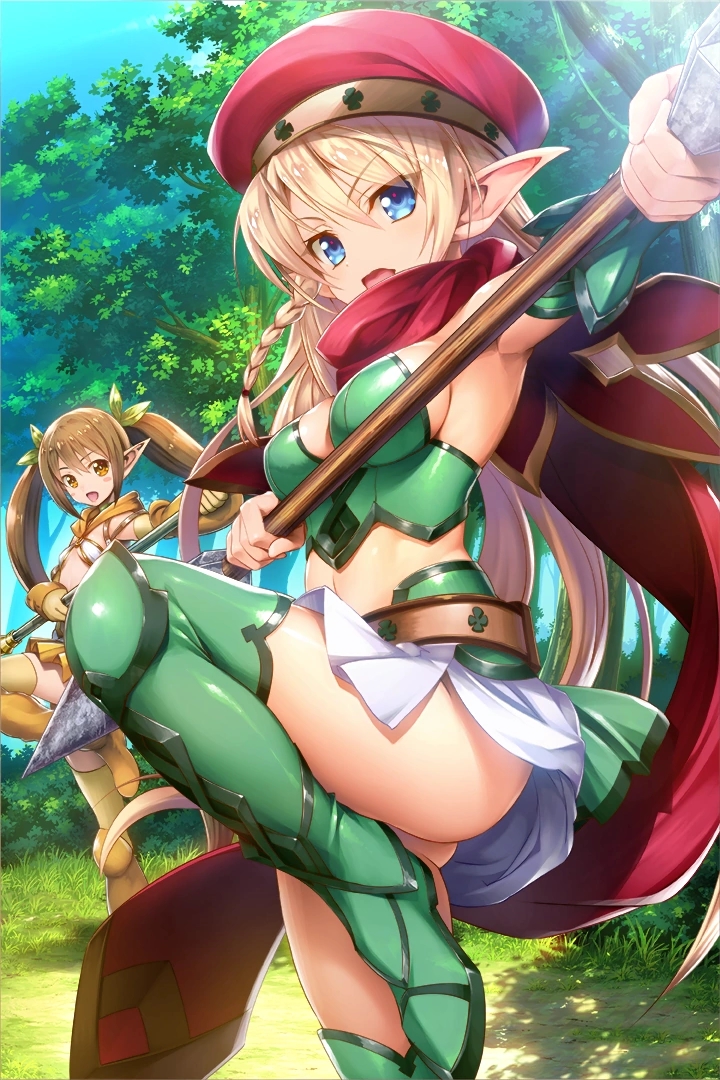 2girls alleyne_(queen's_blade) armor armpits ass_visible_through_thighs belt beret bikini_armor blonde_hair blue_eyes boots braid breasts brown_eyes brown_hair cleavage day detached_sleeves elf forest green_footwear hair_ribbon hat holding holding_weapon leaf_print long_hair medium_breasts multiple_girls nature navel nowa official_art open_mouth outdoors pointy_ears polearm queen's_blade queen's_blade_unlimited queen's_blade_white_triangle revealing_clothes ribbon scarf side_braid sideboob skirt small_breasts solo spear staff standing standing_on_one_leg thigh_boots thighhighs thighs tree twintails vambraces very_long_hair weapon white_skirt yellow_legwear yellow_skirt