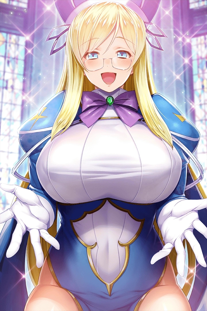 1girl blonde_hair blue_dress blue_eyes blush bow bowtie breasts covered_navel covered_nipples dress glasses gloves hands_up hat huge_breasts indoors juliet_sleeves large_breasts long_hair long_sleeves looking_at_viewer melpha nun official_art open_mouth puffy_sleeves purple_neckwear queen's_blade queen's_blade_unlimited queen's_blade_white_triangle rimless_eyewear sidelocks solo taut_clothes white_gloves