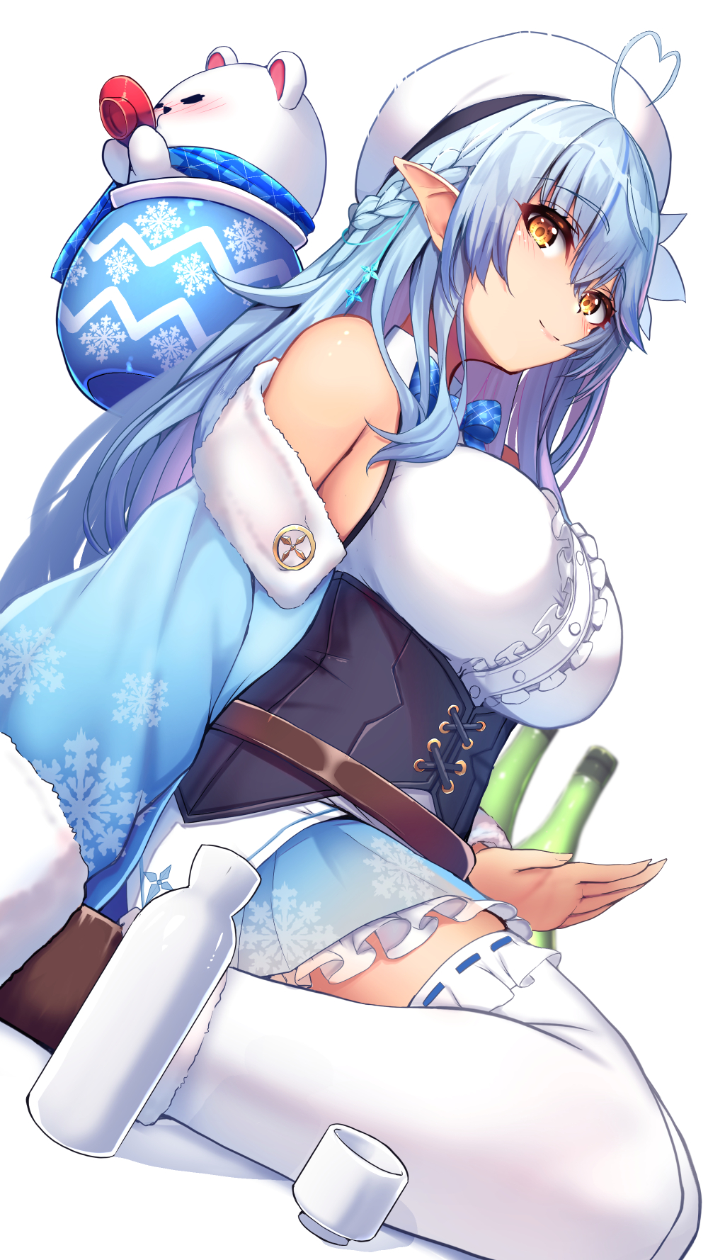 1girl ahoge bangs bare_shoulders beret blue_bow blue_hair blue_jacket blue_scarf blue_skirt bottle bow braid breasts brown_eyes center_frills closed_mouth commentary_request cup daifuku_(yukihana_lamy) dutch_angle eyebrows_visible_through_hair frilled_legwear frilled_skirt frills fur-trimmed_sleeves fur_trim hair_between_eyes hat heart_ahoge highres hololive jacket large_breasts long_hair long_sleeves looking_at_viewer off_shoulder open_clothes open_jacket plaid plaid_bow plaid_scarf pointy_ears print_skirt ribbon-trimmed_legwear ribbon_trim sakazuki scarf shadow shirt sitting skirt sleeveless sleeveless_shirt smile snowflake_print tatapopo thighhighs tokkuri very_long_hair virtual_youtuber wariza white_background white_headwear white_legwear white_shirt yukihana_lamy