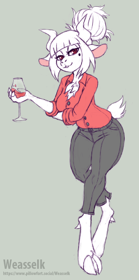 alcohol alternate_species anthro beverage bovid caprine clothed clothing demon dress_shirt female fur furrification goat goat_lucifer_(helltaker) hair helltaker hooves horn looking_at_viewer lucifer_(helltaker) mammal red_eyes shirt simple_background smile solo topwear weasselk white_body white_fur white_hair wine wine_glass