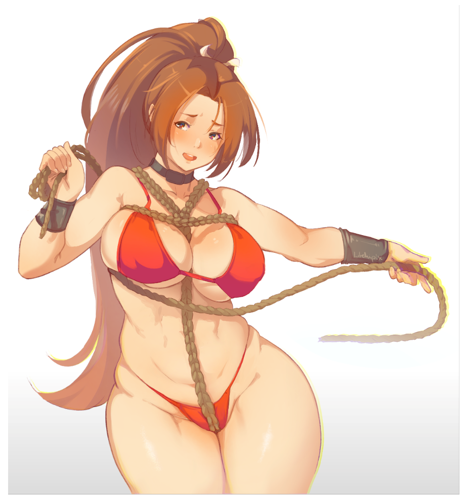 1girl between_breasts bikini black_choker blush breasts choker cleavage commentary crotch_ribbon curvy english_commentary fatal_fury hair_ribbon high_ponytail holding holding_rope large_breasts legs_together litchipix long_hair nose_blush open_mouth red_bikini ribbon rope shibari shibari_over_clothes shiranui_mai solo standing swimsuit the_king_of_fighters thick_thighs thighs underboob upper_teeth very_long_hair white_background