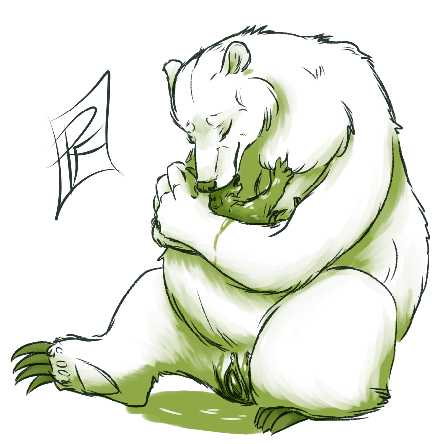 2018 amniotic_fluid anthro armello baby belly big_belly birth bodily_fluids breasts clitoris cradling digital_media_(artwork) duo eyes_closed female fur genital_fluids genitals green_and_white head_down mammal monochrome newborn nude open_mouth pawpads pregnant pussy sana_(armello) sitting smile sogravid ursid video_games young