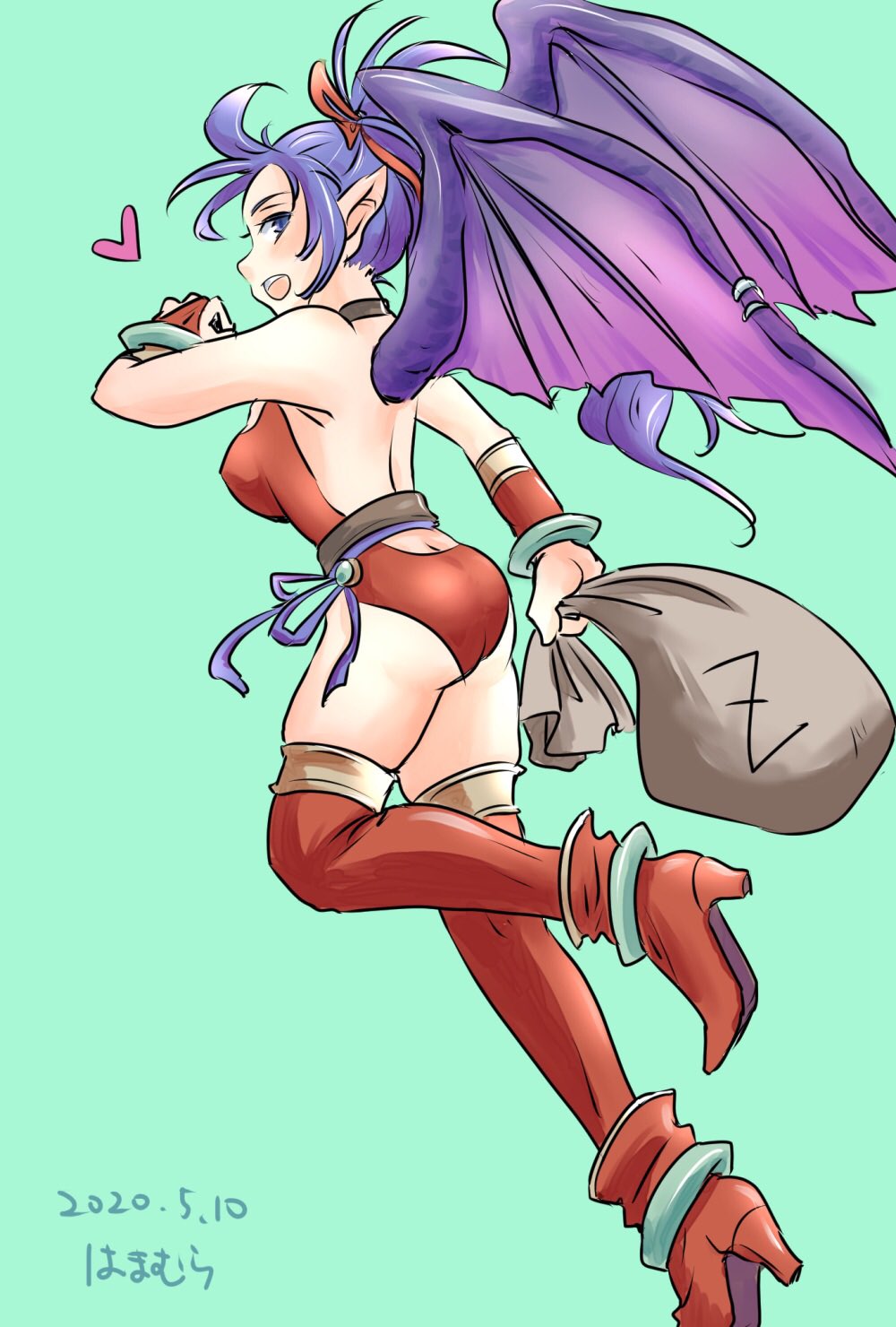 1girl ass blue_hair breasts breath_of_fire breath_of_fire_ii dragon_girl highres long_hair looking_at_viewer monster_girl patty_the_phantom_thief pointy_ears ponytail simple_background solo thighhighs wings