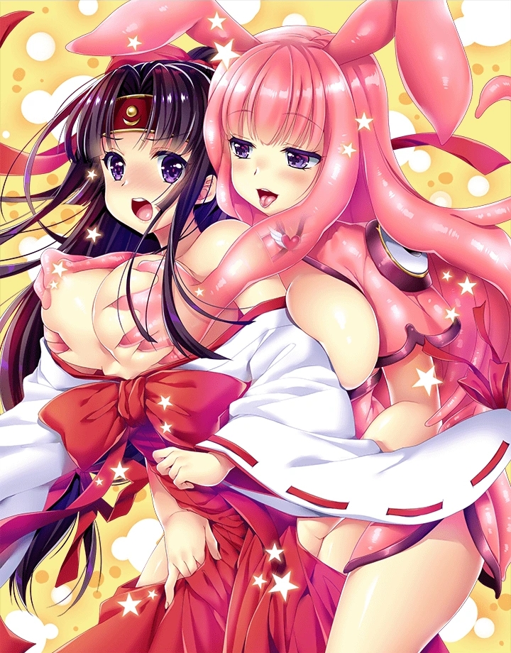 +_+ 2girls animal_ears artist_request bangs black_eyes black_hair blush blush_stickers breasts breasts_outside bunny_ears covering covering_breasts eyebrows_visible_through_hair hair_ribbon hakama headband japanese_clothes large_breasts long_hair long_sleeves looking_back low-tied_long_hair melona miko monster_girl multiple_girls no_bra official_art open_clothes panties parted_bangs pink_hair pink_slime ponytail prehensile_hair purple_eyes purple_panties queen's_blade queen's_blade_unlimited queen's_blade_white_triangle red_hakama revealing_clothes ribbon ribbon-trimmed_sleeves ribbon_trim shiny shiny_skin sideboob sidelocks simple_background slime_girl solo symbol-shaped_pupils thighs tied_hair tomoe tongue tongue_out underwear wide_sleeves yuri