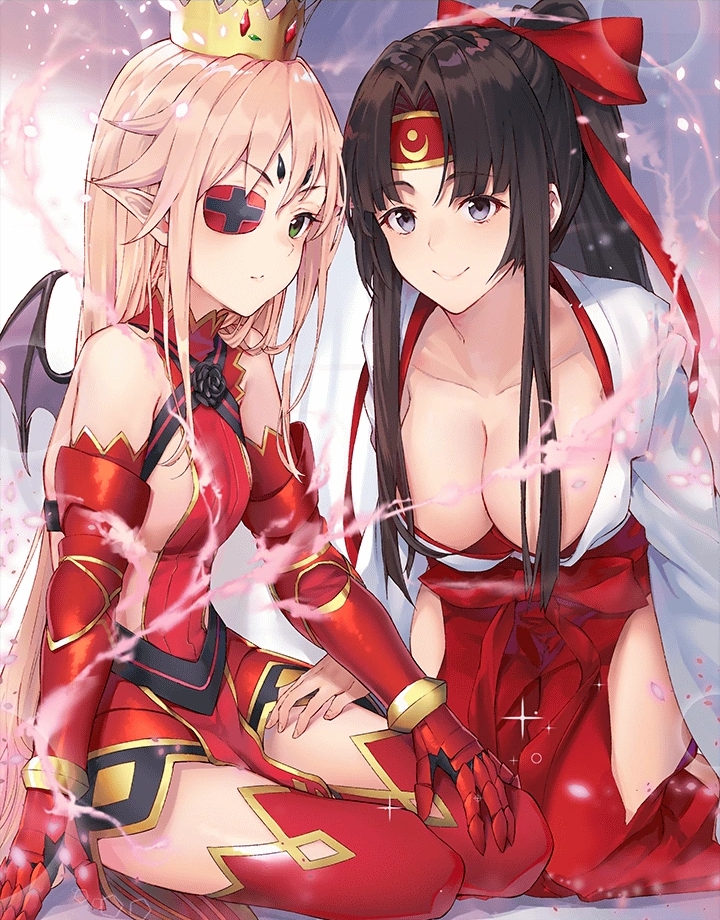 2girls aldra_(queen's_blade) armor armored_dress bangs black_hair blush breasts breasts_outside collarbone crown demon_girl demon_wings eyebrows_visible_through_hair eyepatch gauntlets gloves greaves green_eyes hair_over_breasts hair_ribbon hakama headband horns japanese_clothes large_breasts leaning_forward long_hair long_sleeves low-tied_long_hair miko multiple_girls no_bra open_clothes parted_bangs platinum_blonde_hair pointy_ears ponytail purple_eyes queen's_blade queen's_blade_unlimited queen's_blade_white_triangle red_hakama red_ribbon ribbon shiny shiny_skin sidelocks simple_background sitting small_breasts smile thighhighs tied_hair tomoe very_long_hair wide_sleeves wings