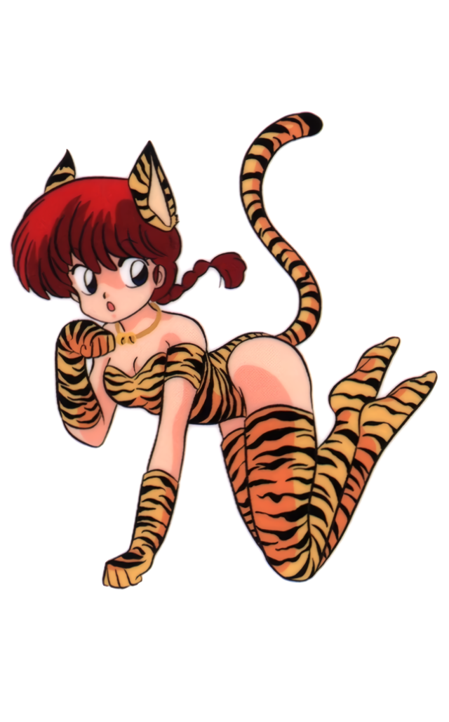 1980s_(style) 1girl :o animal_ears bell black_eyes braid breasts cleavage crossed_ankles full_body gloves leotard long_hair official_art oldschool open_mouth paw_pose ranma-chan ranma_1/2 red_hair saotome_ranma simple_background single_braid solo strapless strapless_leotard tail takahashi_rumiko thighhighs tiger_ears tiger_girl tiger_stripes tiger_tail white_background