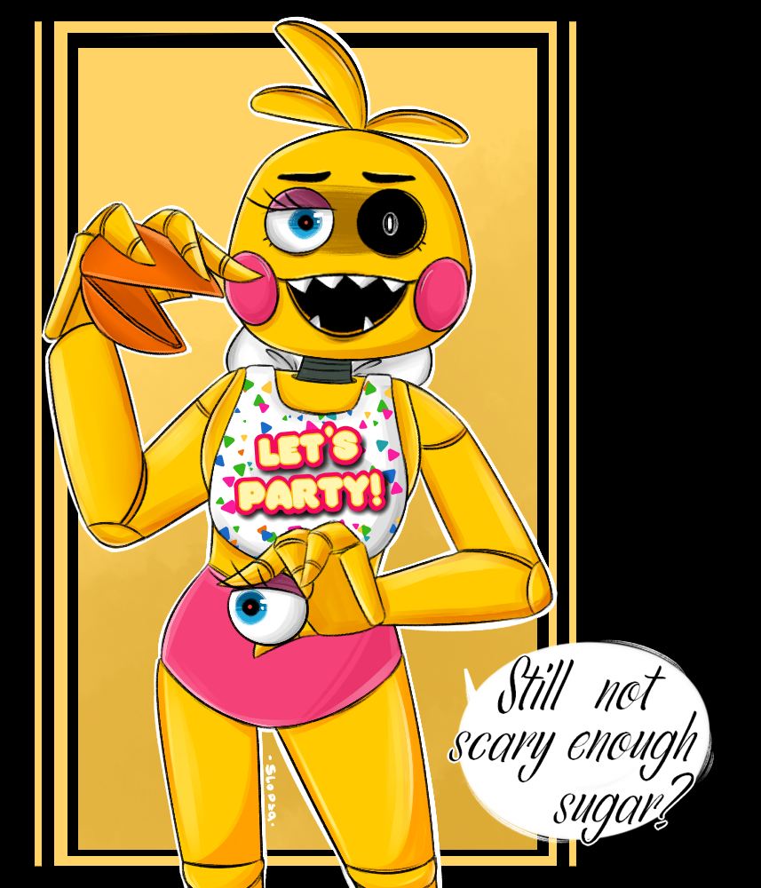 2020 animatronic anthro avian beak bib bird black_sclera blue_eyes chicken clothing english_text eyebrows female fingers five_nights_at_freddy's five_nights_at_freddy's_2 galliform gallus_(genus) hair holding_object looking_at_viewer machine open_mouth panties phasianid pink_cheeks robot sharp_teeth slopsa-mind teeth text toy_chica_(fnaf) underwear video_games yellow_body