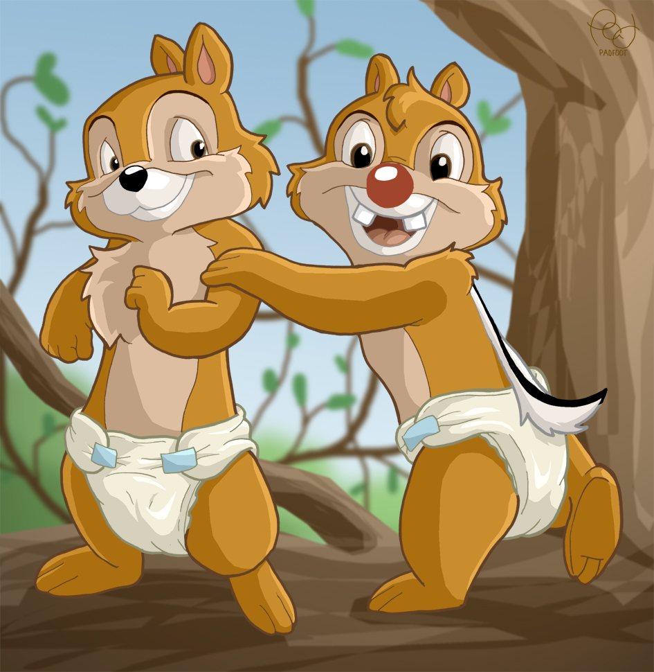 brown_body chip_'n_dale_rescue_rangers chip_(disney) chipmunk dale_(disney) diaper disney duo feral ground_squirrel looking_at_viewer male male/male mammal red_nose rodent sciurid smile tree unknown_artist