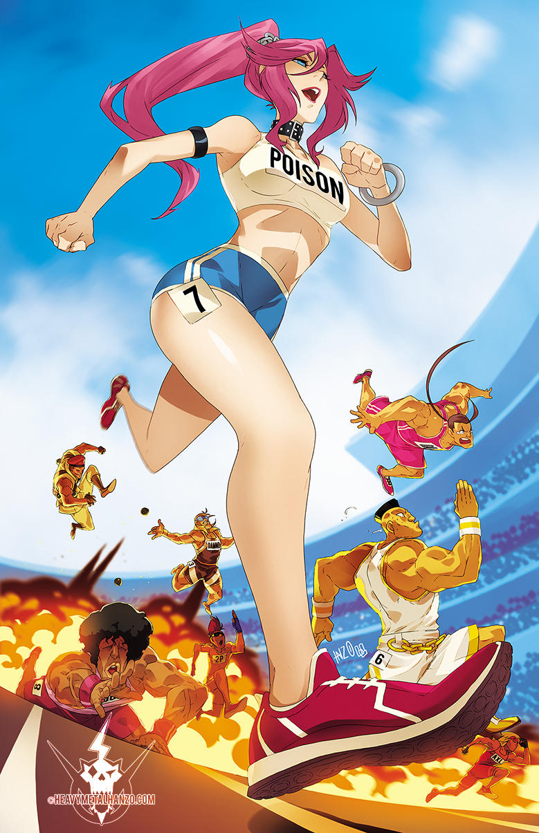 1girl 6+boys abigail_(final_fight) afro alternate_hairstyle athletic axl_(final_fight) beret black_hair blonde_hair blue_eyes blue_shorts blue_sky breasts clenched_hands collar commentary damnd day english_commentary explosion explosive final_fight fleeing grenade gym_shorts hat hibiki_dan highres hugo_andore large_breasts lipstick long_hair mad_gear makeup metalhanzo midriff mohawk multiple_boys muscle number odd_one_out open_mouth photoshop_(medium) pink_hair poison_(final_fight) ponytail rolento running shorts sky solo_focus sports_bra stadium street_fighter street_fighter_zero_(series) studded_collar two_p upper_teeth white_sports_bra