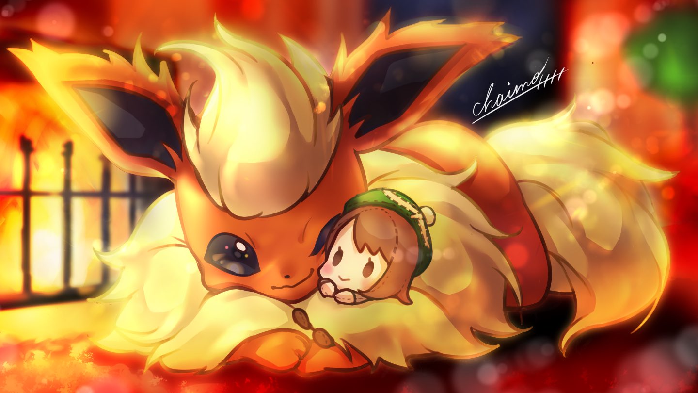 artist_name black_eyes blurry blurry_background chaimo_box character_doll closed_mouth commentary_request doll fire fireplace flareon fur gen_1_pokemon gloria_(pokemon) holding holding_doll indoors lens_flare lying no_humans on_stomach one_eye_closed pokemon pokemon_(creature) signature
