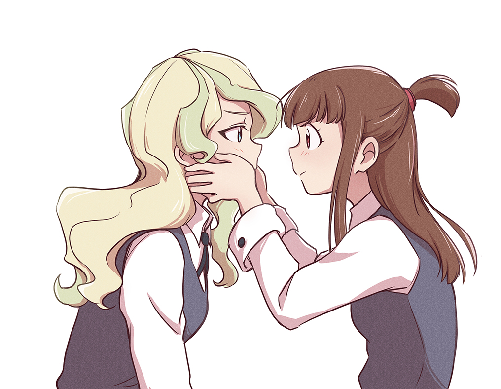 2girls blonde_hair blue_eyes blush brown_hair diana_cavendish eye_contact hand_on_another's_cheek hand_on_another's_face imminent_kiss kagari_atsuko little_witch_academia looking_at_another luna_nova_school_uniform multicolored_hair multiple_girls red_eyes school_uniform simple_background tonton_(mathcaca24) two-tone_hair uniform wavy_hair white_background yuri