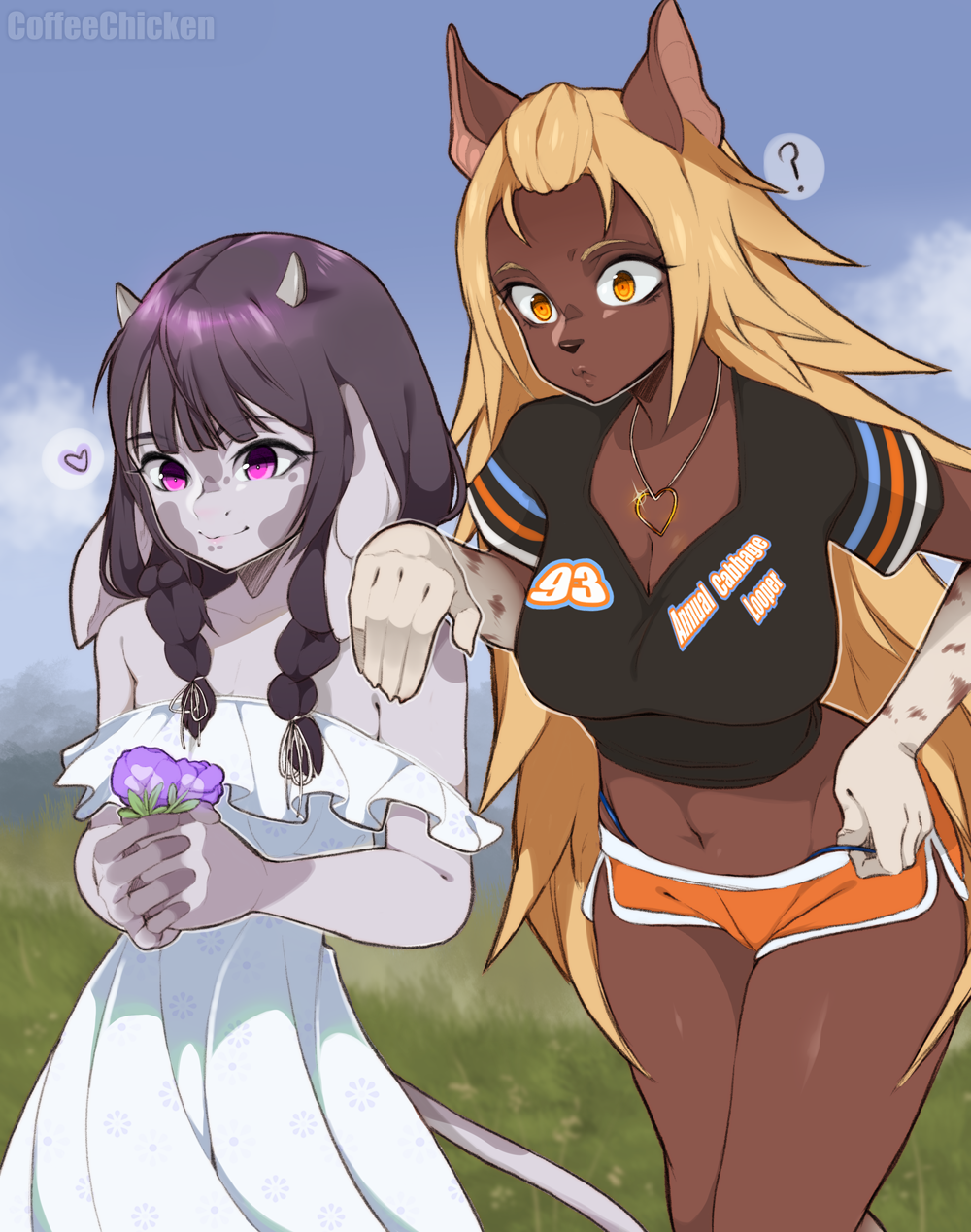 &lt;3 2020 5_fingers ? amber_eyes anthro black_hair blonde_hair bottomwear bovid bovine braided_hair breasts brown_hyena cattle cleavage clothed clothing coffeechicken dress duo english_text female fingers flower hair hand_on_shoulder hi_res holding_object horn hyaenid jewelry long_hair mammal necklace plant purple_eyes sasa_(coffeechicken) shirt shorts small_moo text text_on_clothing text_on_shirt text_on_topwear topwear