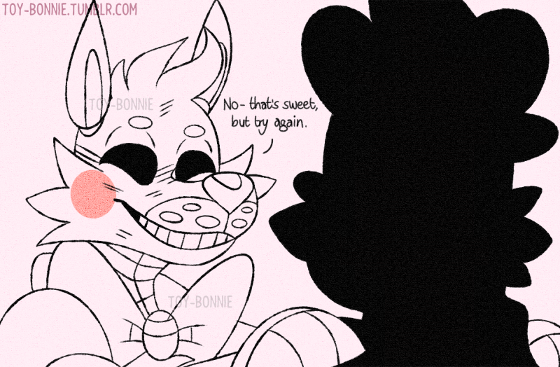 animatronic anthro blush bodily_fluids bow canid canine cheek_tuft duo english_text eyes_closed facial_tuft fingers five_nights_at_freddy's fox funtime_foxy_(fnafsl) funtime_freddy_(fnafsl) hair happy machine male mammal monochrome robot sharp_teeth sister_location smile sweat teeth text tongue toy-bonnie tuft ursid video_games