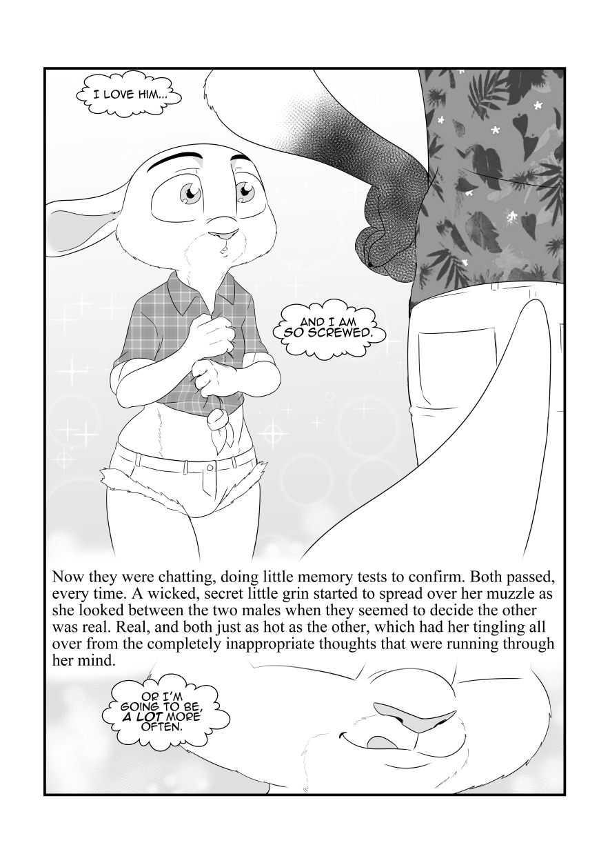 2020 akiric ambiguous_gender anthro border bottomwear canid canine cheek_tuft clothed clothing comic cutoffs denim denim_clothing disney duo english_text facial_tuft female furgonomics gloves_(marking) greyscale hand_on_hip hi_res judy_hopps lagomorph leporid licking licking_lips mammal markings midriff monochrome nick_wilde rabbit shirt shorts solo_focus standing tail_clothing text thought_bubble tied_shirt tongue tongue_out topwear tuft white_border zootopia
