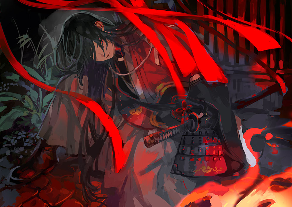 1boy armor black_gloves black_hair commentary fingerless_gloves fire gloves holding holding_sheath holding_sword holding_weapon izumi-no-kami_kanesada japanese_armor japanese_clothes katana koby long_hair outdoors parted_lips plant red_eyes scabbard sheath sheathed solo sword touken_ranbu weapon