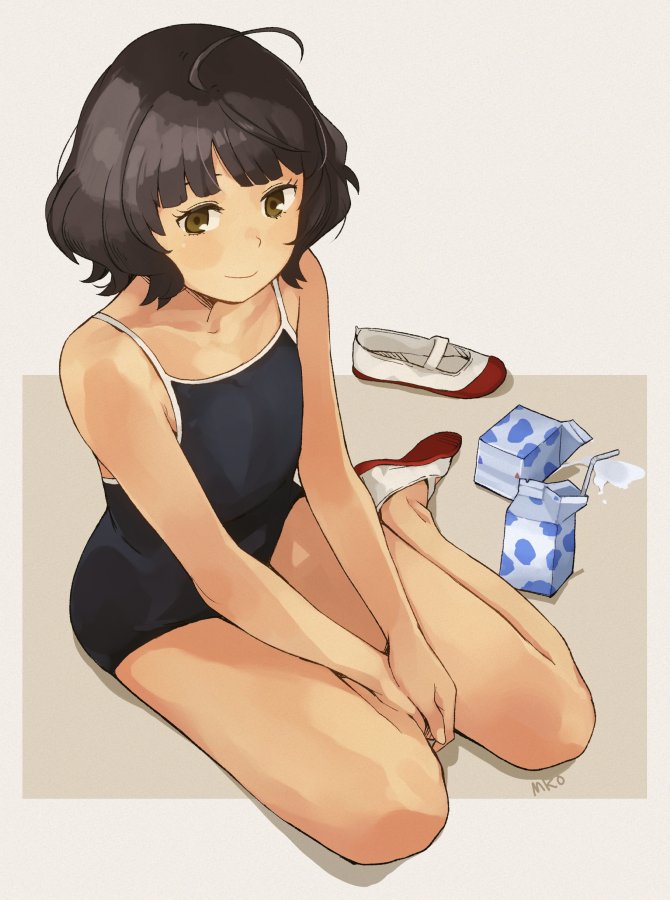 1girl ahoge bangs banned_artist black_swimsuit blunt_bangs blush brown_eyes brown_hair drinking_straw kantai_collection kishinami_(kantai_collection) makio_(makiomeigenbot) milk milk_carton one-piece_swimsuit short_hair signature simple_background sitting smile solo spill spilled_milk swimsuit two-tone_background