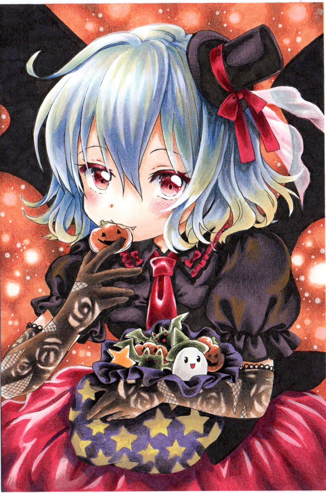 1girl alternate_costume bat_wings blue_hair blush candy commentary eating fang fishnet_gloves fishnets food gloves halloween hat mosho necktie puffy_short_sleeves puffy_sleeves pumpkin red_eyes remilia_scarlet short_sleeves skirt solo top_hat touhou traditional_media upper_body wings