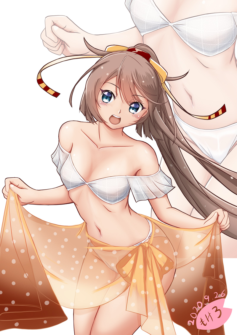 1girl artist_logo bikini breasts brown_hair collarbone commentary_request cowboy_shot dated facing_viewer hair_ribbon kantai_collection kazagumo_(kantai_collection) long_hair looking_to_the_side moke_ro open_mouth orange_sarong ponytail remodel_(kantai_collection) ribbon round_teeth sarong silver_eyes simple_background small_breasts solo standing swimsuit teeth upper_teeth white_background white_bikini zoom_layer