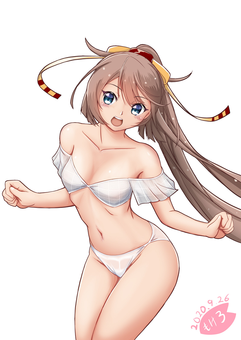 1girl artist_logo bikini breasts brown_hair collarbone commentary_request cowboy_shot dated facing_viewer hair_ribbon kantai_collection kazagumo_(kantai_collection) long_hair looking_to_the_side moke_ro open_mouth ponytail remodel_(kantai_collection) ribbon round_teeth silver_eyes simple_background small_breasts solo standing swimsuit teeth upper_teeth white_background white_bikini