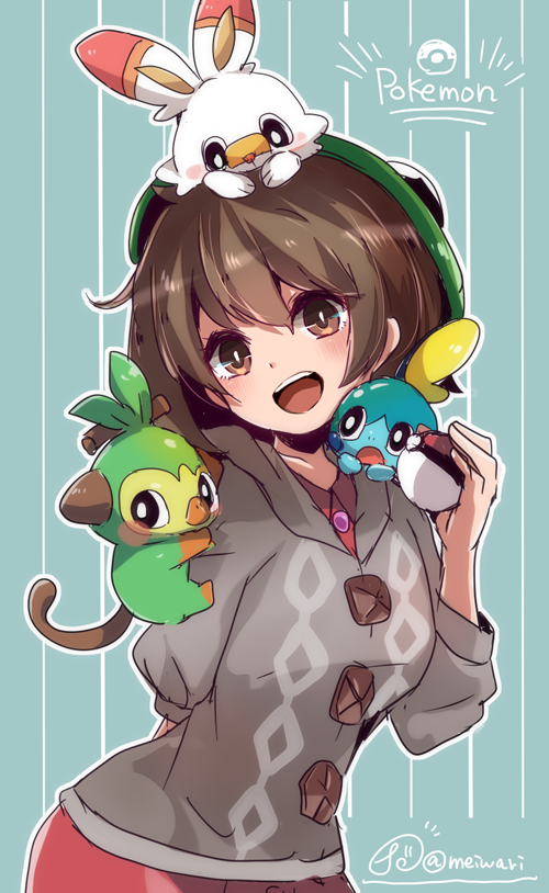 1girl bangs blush brown_eyes brown_hair buttons cardigan collared_dress commentary_request copyright_name dress gen_8_pokemon gloria_(pokemon) green_headwear grey_cardigan grookey hat herunia_kokuoji holding holding_poke_ball hooded_cardigan looking_at_viewer on_head on_shoulder open_mouth pink_dress poke_ball poke_ball_(basic) pokemon pokemon_(creature) pokemon_(game) pokemon_on_arm pokemon_on_head pokemon_on_shoulder pokemon_swsh scorbunny short_hair smile sobble tam_o'_shanter teeth tongue