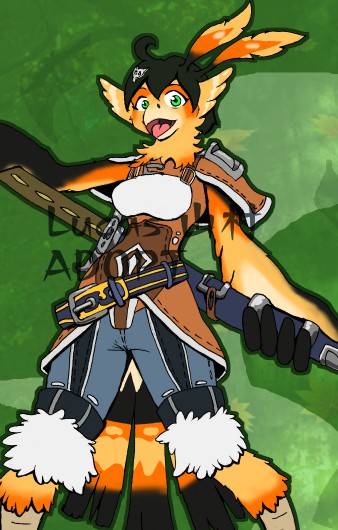 adopt anthro arc_rose avian beak clothing female green_eyes looking_at_viewer melee_weapon open_mouth smile solo sword weapon