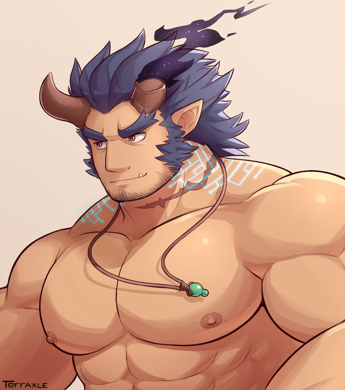 1boy bara chest dark_blue_hair facial_hair fang highres horns jewelry male_focus manly muscle necklace red_eyes scar shirtless short_hair sideburns solo stubble takemaru_(tokyo_houkago_summoners) terraxle thick_eyebrows tokyo_houkago_summoners upper_body
