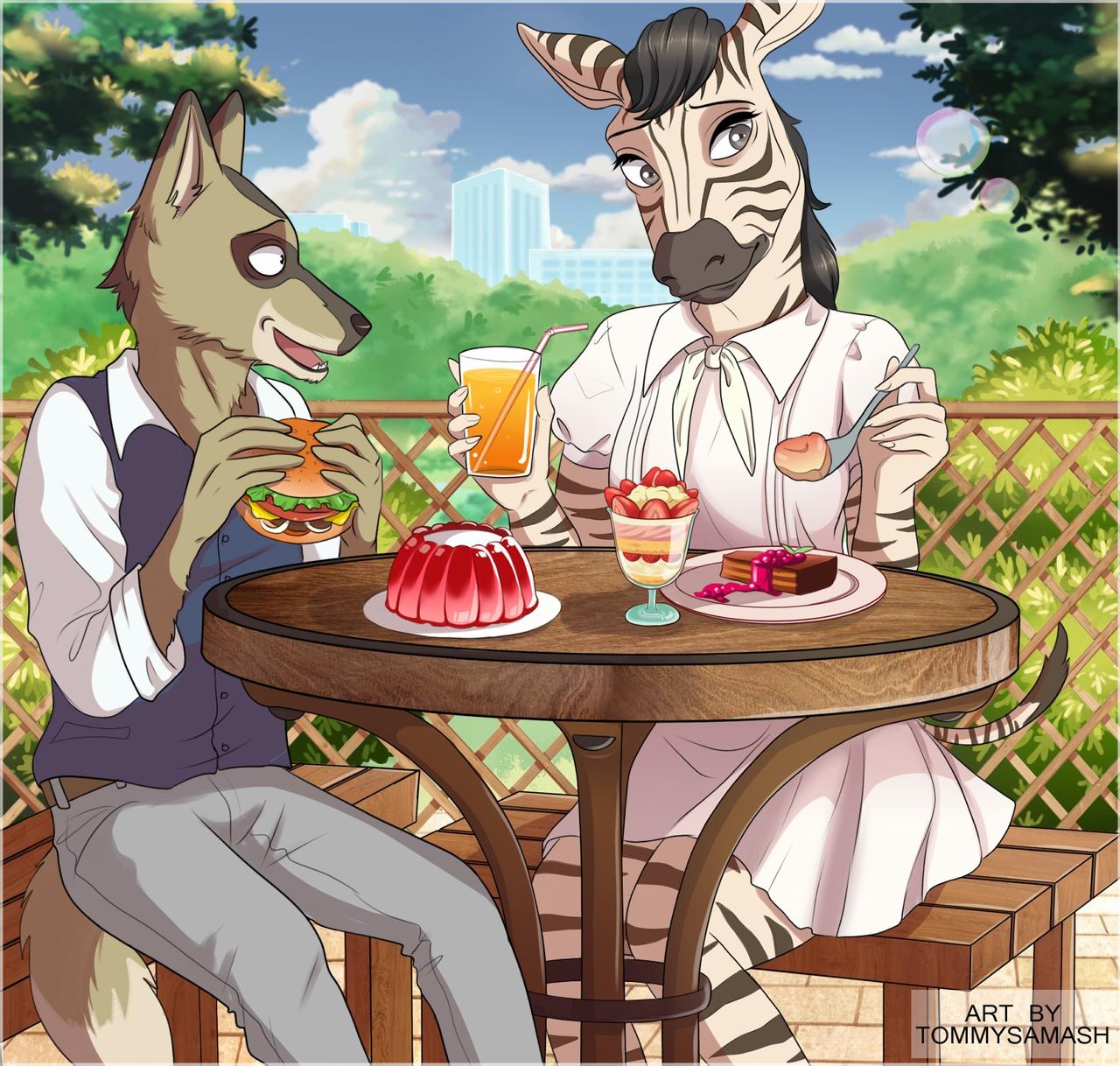 2020 anthro beastars belt bench better_version_at_source beverage black_stripes brown_body brown_fur burger cake canid canine canis city city_background cityscape clothed clothing coyote cutlery date dessert digital_media_(artwork) dress dress_shirt drinking_glass drinking_straw duo durham_(beastars) eating ellen_(beastars) equid equine female fence food fork fur furniture hi_res holding_beverage holding_burger holding_food holding_fork holding_object kitchen_utensils looking_aside looking_at_another male male/female mammal open_mouth parfait_(dessert) plant romantic_couple school_uniform shirt sitting smile stripes table teeth tommysamash tools topwear tree uniform vest white_body white_fur zebra