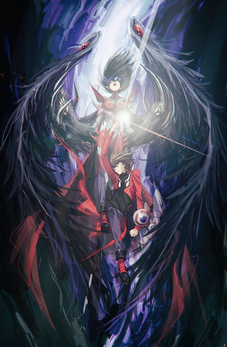 1boy 1girl black_hair black_shirt brown_eyes brown_hair card claws commentary duel_academy_uniform_(yuu-gi-ou_gx) duel_disk duel_monster evil_hero_inferno_wing eye_mask feathers full_body hair_between_eyes highres holding holding_card jacket light_rays long_hair long_sleeves mask moribuden open_clothes pants pointy_ears red_footwear red_jacket school_uniform shirt short_hair wings yuu-gi-ou yuu-gi-ou_gx yuuki_juudai