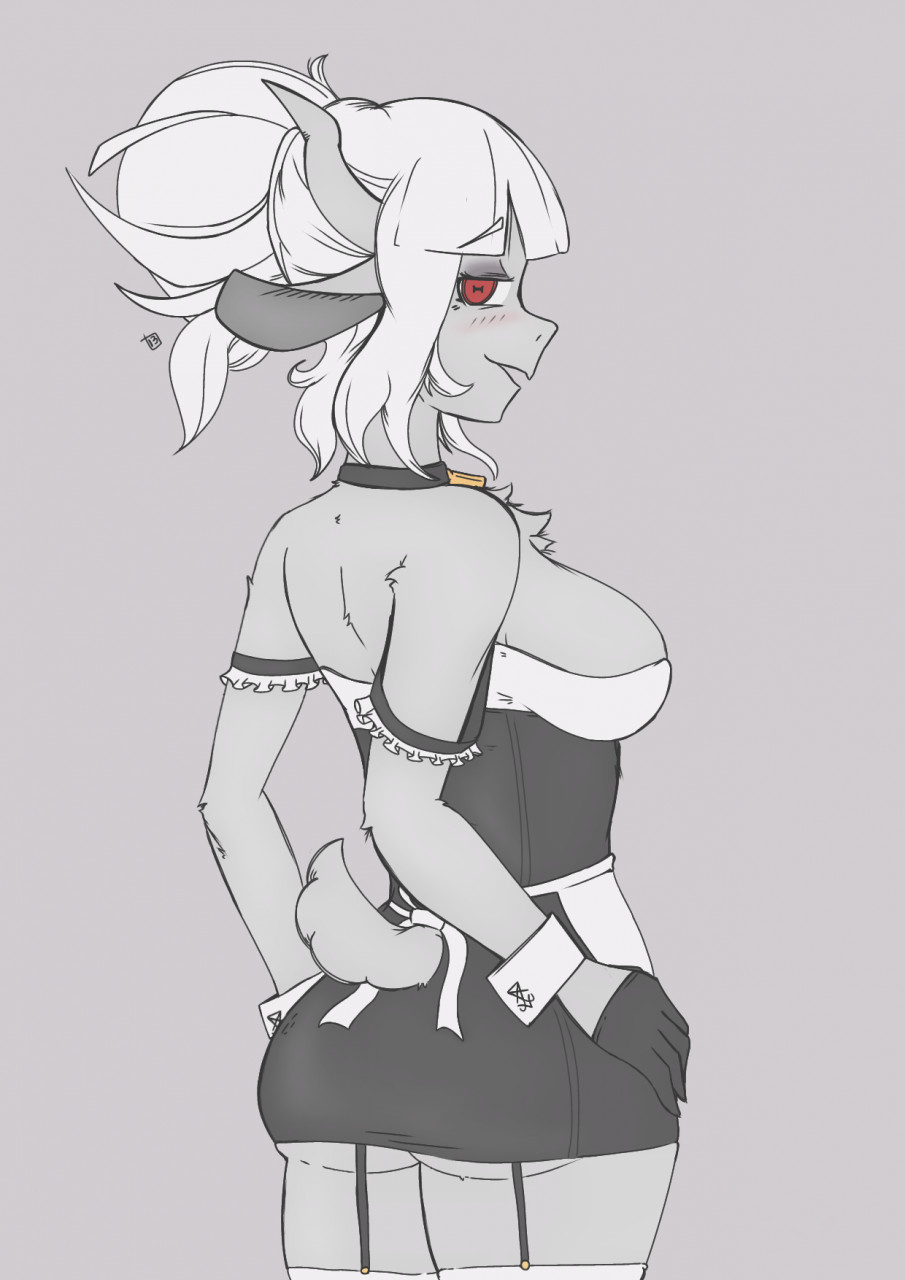 alternate_species anthro anthrofied bigbongus blush bovid breasts butt caprine chest_tuft choker clothing female fur garter_straps goat goat_lucifer_(helltaker) hair hi_res horn jewelry looking_at_viewer maid_uniform mammal necklace open_mouth red_eyes short_tail side_boob solo tuft uniform white_body white_fur white_hair
