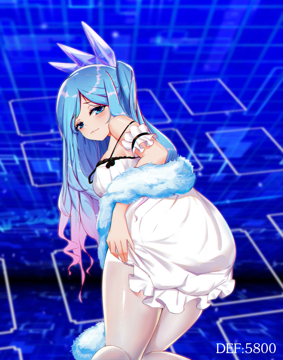 1girl ass ass_focus bare_shoulders bent_over blue_hair dress frilled_dress frills hand_on_ass highres lee_domino long_hair looking_at_viewer pantyhose purple_eyes smug tiara white_dress white_legwear witchcraft_master_verre yuu-gi-ou