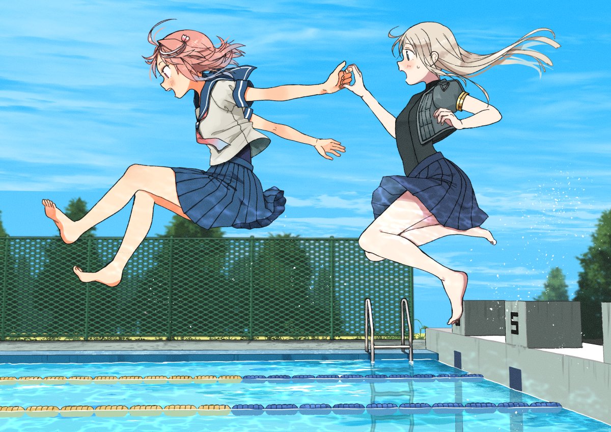 2girls ahoge annin_musou barefoot black_dress black_swimsuit blonde_hair blue_eyes blue_sailor_collar blue_skirt blush cropped_jacket day dress grey_jacket i-58_(kantai_collection) jacket kantai_collection long_hair multiple_girls neckerchief open_mouth pink_eyes pink_hair pink_neckwear pleated_skirt pool sailor_collar school_swimsuit school_uniform serafuku short_hair short_sleeves skirt smile swimsuit swimsuit_under_clothes toes tree u-511_(kantai_collection) water