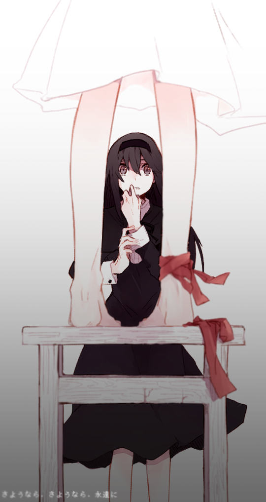 2girls akemi_homura ankle_ribbon bare_legs barefoot black_dress black_eyes black_hair black_hairband chair darkness dress fabric facing_viewer feet feet_out_of_frame fingernails from_behind hair_between_eyes hairband hand_to_own_mouth hands_up hanyae homulilly kaname_madoka legs_apart long_dress long_hair long_sleeves looking_at_another looking_up lower_body mahou_shoujo_madoka_magica mahou_shoujo_madoka_magica_movie multiple_girls parted_lips red_ribbon ribbon shaded_face simple_background standing standing_on_chair surprised translation_request vignetting white_background white_dress wide-eyed