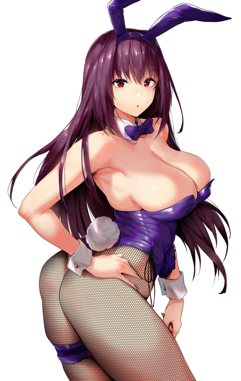 1girl animal_ears ass bangs blush breasts bunny_ears bunny_tail bunnysuit cleavage detached_collar fake_animal_ears fate/grand_order fate_(series) fishnet_legwear fishnets hair_between_eyes highleg highleg_leotard highres kurowa large_breasts leotard long_hair looking_at_viewer open_mouth pantyhose piercing_bunny purple_hair purple_leotard red_eyes scathach_(fate)_(all) scathach_(fate/grand_order) simple_background tail thighs white_background wrist_cuffs
