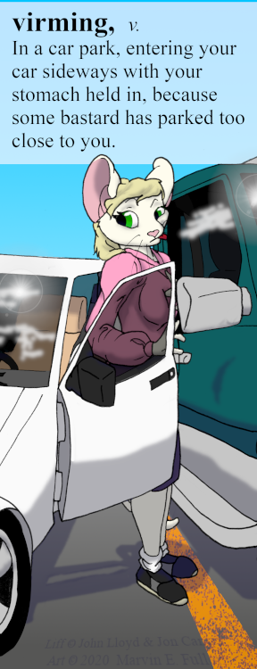 2020 afterliff anthro blonde_hair car clothed clothing cybercorn_entropic cynthia_boggs definition english_text female fully_clothed fur green_eyes hair mammal mouse murid murine outside parking_lot rodent sky solo text tongue tongue_out truck vehicle whiskers white_body white_fur