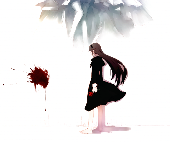 1girl akemi_homura arms_at_sides bare_legs barefoot black_dress black_hair black_hairband blood blood_splatter blood_trail dress faceless faceless_female facing_away floating_hair floor flower from_side full_body funeral_dress hairband hanyae high_collar holding holding_flower homulilly light light_particles long_hair long_sleeves mahou_shoujo_madoka_magica mahou_shoujo_madoka_magica_movie profile red_flower sculpture shadow solo spider_lily standing ultimate_madoka wall