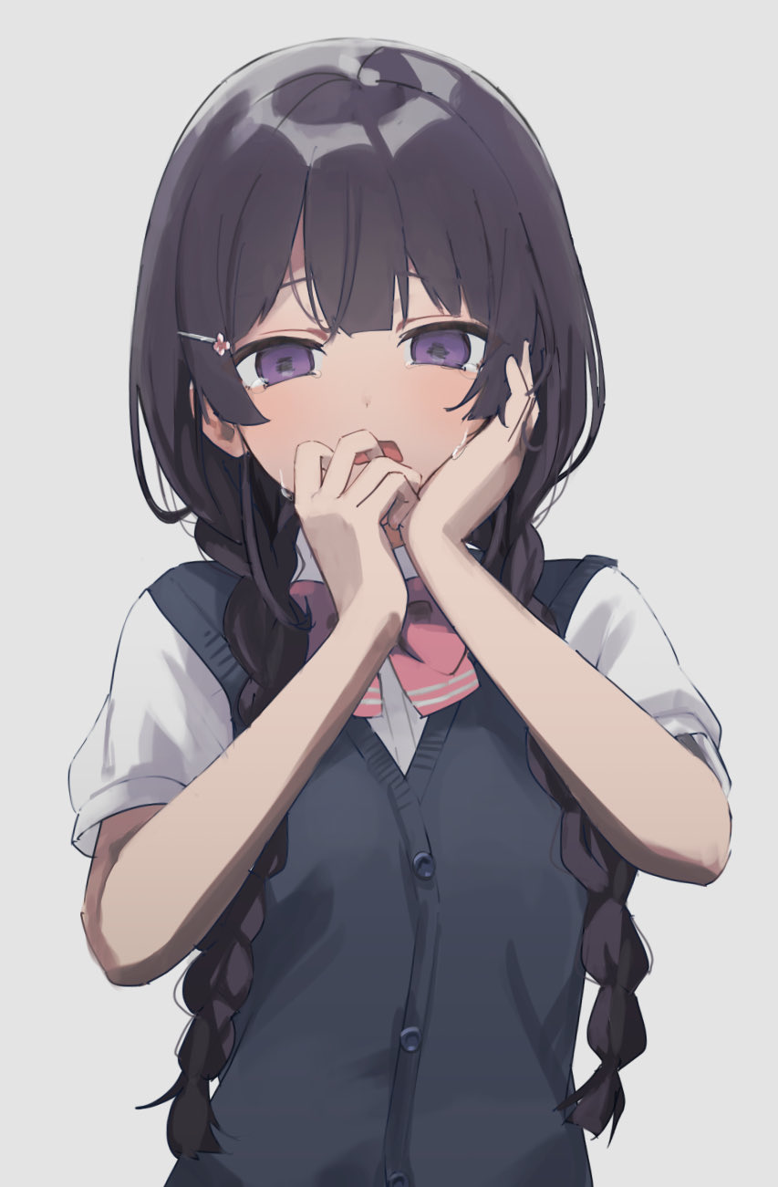 1girl alternate_hairstyle bangs black_hair bow bowtie braid collared_shirt crying crying_with_eyes_open dress_shirt grey_background hair_ornament hairclip hand_on_own_cheek hand_to_own_mouth hands_on_own_face hands_up highres long_hair looking_at_viewer nijisanji purple_eyes red_bow red_neckwear school_uniform shirt short_sleeves sidelocks simple_background solo streaming_tears sweater_vest tears tsukino_mito twin_braids twintails usirome virtual_youtuber white_shirt
