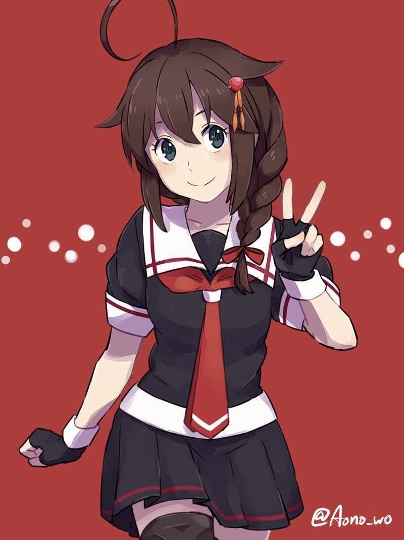 1girl ahoge aono_wo black_serafuku blue_eyes braid brown_hair clenched_hand cowboy_shot hair_between_eyes hair_flaps hair_ornament hair_over_shoulder kantai_collection looking_at_viewer necktie pleated_skirt red_background red_neckwear remodel_(kantai_collection) school_uniform serafuku shigure_(kantai_collection) single_braid skirt smile solo v