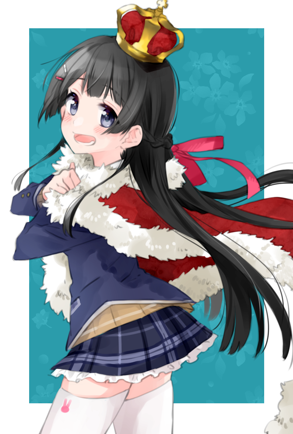 1girl :d birthday black_hair blue_eyes blue_jacket blue_skirt blush box braid c cake capelet crown eyebrows_visible_through_hair food french_braid fruit fur-trimmed_capelet fur_trim hair_ornament hairclip highres jacket long_hair looking_at_viewer mini_crown myama nijisanji open_mouth open_mouthplaid plaid plaid_skirt purple_eyes red_capelet school_uniform skirt smile solo strawberry thighhighs tsukino_mito vest white_legwear zettai_ryouiki