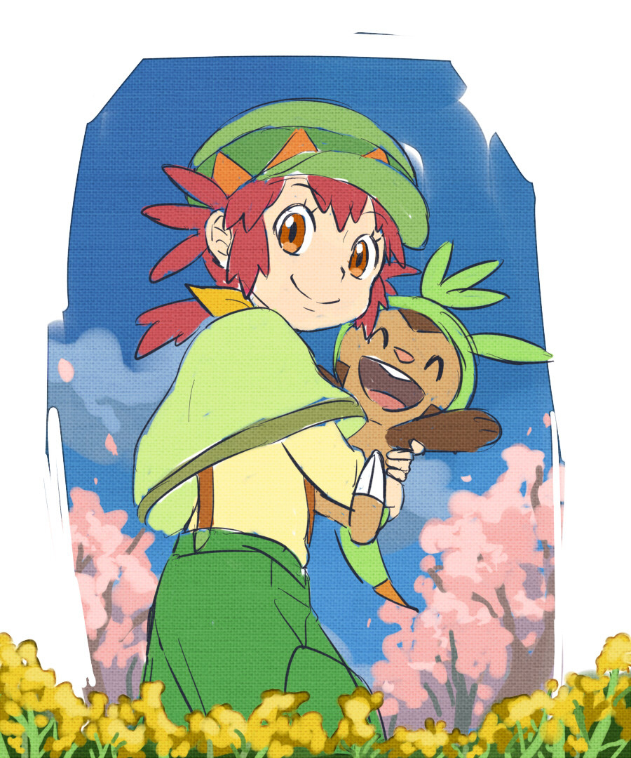 1girl ^_^ ^o^ aono_wo brown_eyes chespin closed_eyes gen_6_pokemon green_capelet green_headwear green_pants hat looking_at_viewer mairin_(pokemon) pants pokemon ponytail red_hair smile starter_pokemon suspenders