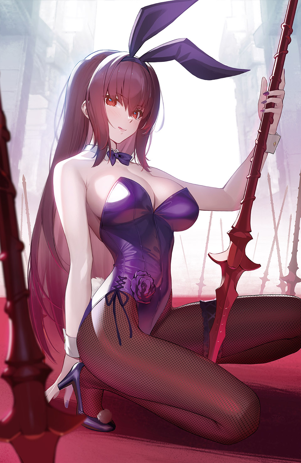 1girl animal_ears arm_behind_back bangs bare_shoulders between_legs blush breasts bunny_ears bunny_girl bunnysuit cleavage detached_collar fake_animal_ears fate/grand_order fate_(series) fishnet_legwear fishnets flower gae_bolg hair_between_eyes hairband high_heels highres holding holding_spear holding_weapon large_breasts leotard long_hair looking_at_viewer multiple_weapons nail_polish pantyhose piercing_bunny polearm purple_flower purple_footwear purple_hair purple_hairband purple_leotard purple_nails purple_neckwear red_eyes scathach_(fate)_(all) scathach_(fate/grand_order) sideboob signature siino sitting solo spear strapless strapless_leotard tongue tongue_out weapon wrist_cuffs