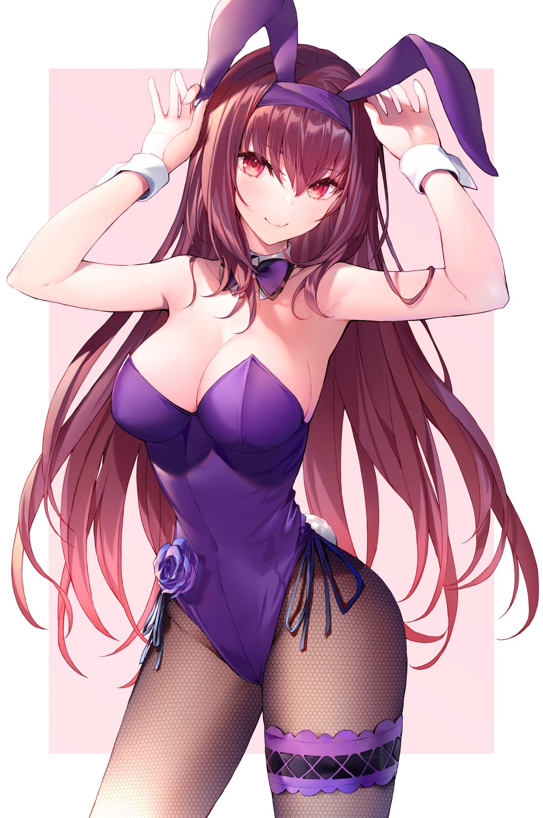 1girl animal_ears bangs blush breasts bunny_ears bunny_tail bunnysuit cleavage closed_mouth detached_collar fake_animal_ears fate/grand_order fate_(series) fishnet_legwear fishnets hair_between_eyes hakuishi_aoi hands_up highleg highleg_leotard highres large_breasts leotard long_hair looking_at_viewer pantyhose piercing_bunny purple_hair purple_leotard red_eyes scathach_(fate)_(all) scathach_(fate/grand_order) smile tail thighs wrist_cuffs