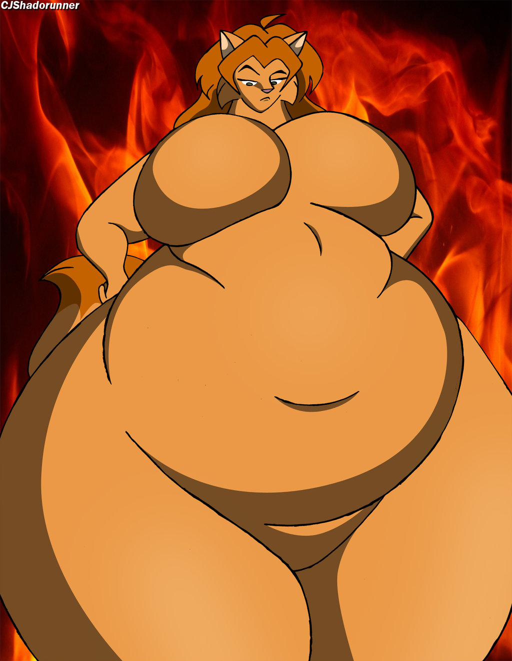 anthro breasts cjshadorunner daryl_vecat domestic_cat felid feline felis female fire hair hi_res macro mammal overweight overweight_anthro overweight_female solo