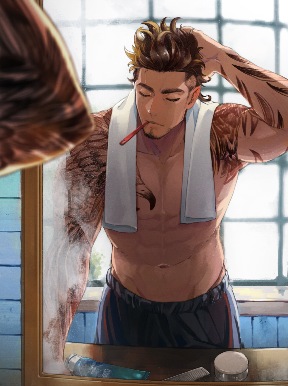 1boy abs bara bare_chest chest closed_eyes facial_hair final_fantasy final_fantasy_xv gladiolus_amicitia goatee highres male_focus manly messy_hair muscle navel short_hair solo stubble tattoo toothbrush_in_mouth towel towel_around_neck wet window yuzukarin